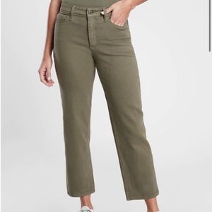 ATHLETA COMFY FLEX STRETCH OLIVE GREEN HI RISE STRAIGHT LEG CROP JEAN SZ 16 TALL